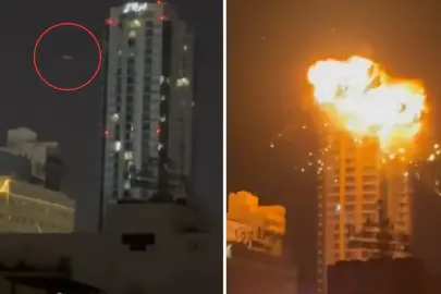 Alevler gökyüzüne yükseldi! İran Bahreyn'deki binayı böyle vurdu