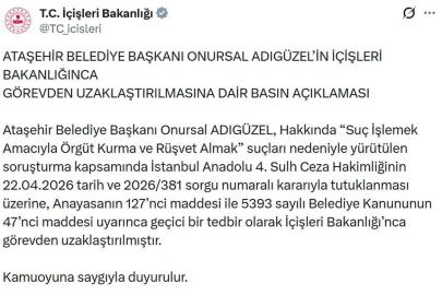 Ataşehir Belediye Başkanı Adıgüzel görevden uzaklaştırıldı