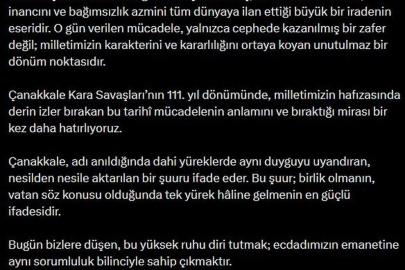 Burhanettin Duran'dan Çanakkale Kara Savaşları'nın 111'inci yıl dönümü mesajı