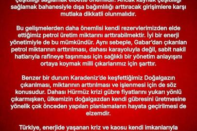 MHP'li Özdemir: "Gabar'dan çıkarılan petrolün arttırılması ve sabit nakil hatlarıyla rafineye taşınması için sağlıklı bir yönetim anlayışını ortaya koymak milli çıkarlarımız için şarttır"