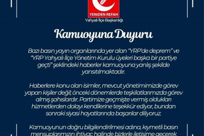 YRP Kayseri İl Başkanlığı'ndan kamuoyu açıklaması